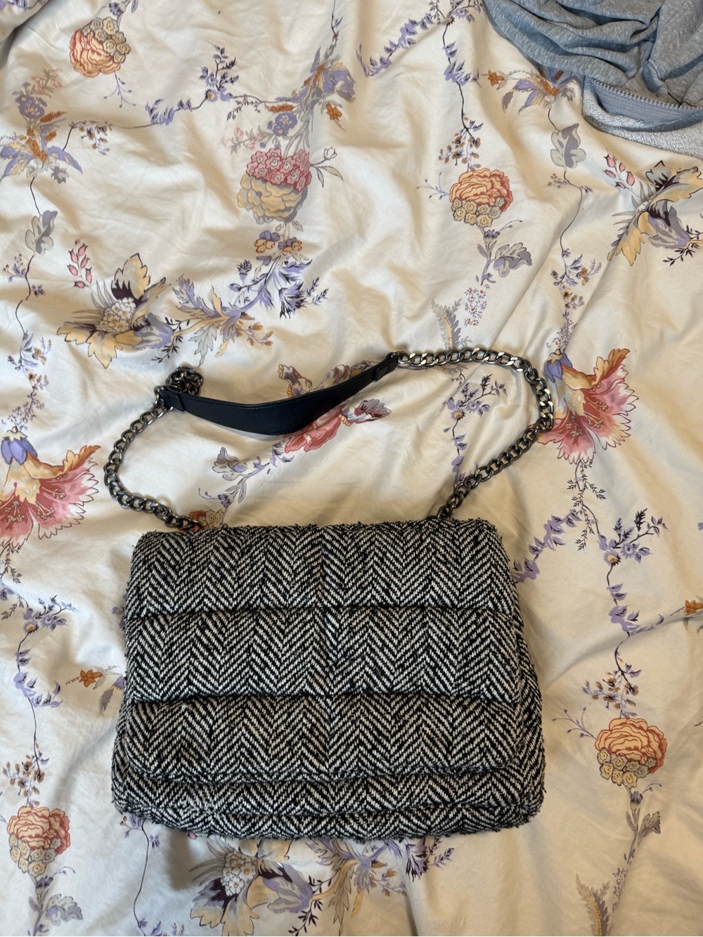 Zara Black and White Herringbone Chain Shoulder Bag